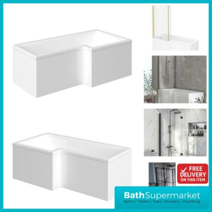 Titan 1800mm L Shaped Shower Bath with Screen & Front Panel – Left or Right Hand Option