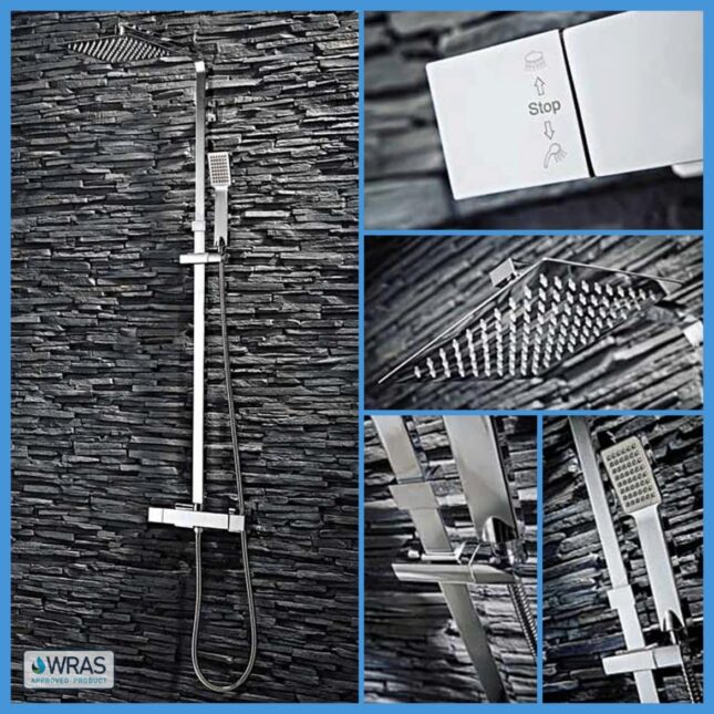 Sognare Neptune Square Thermostatic Shower and Riser Kit-Chrome - Image 2