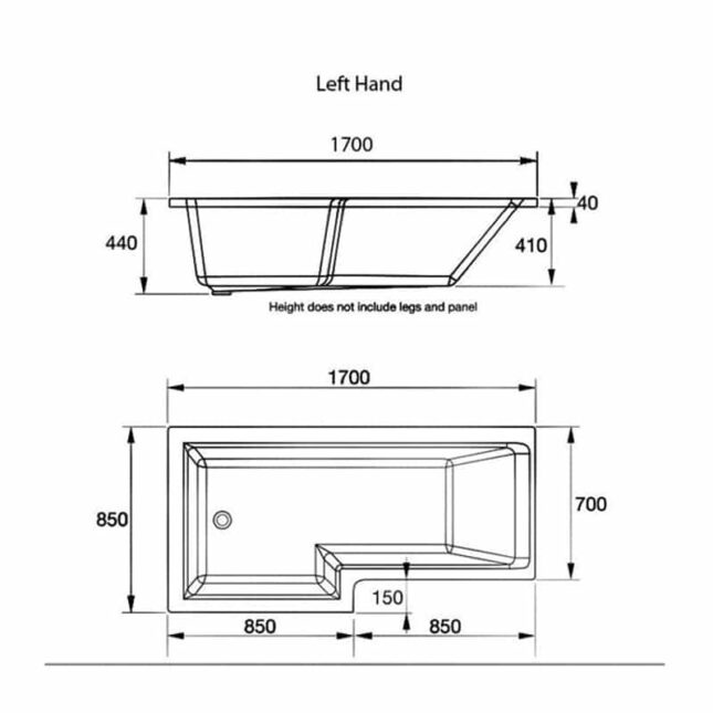 Titan L-Shaped 1700mm x 850mm x 700mm Shower Bath Left- Right Hand - Image 4