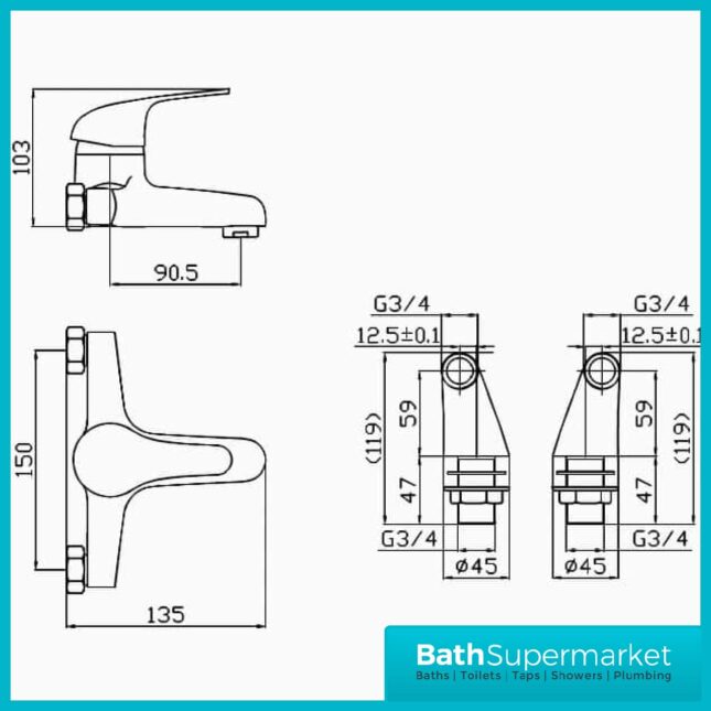 G4K Tidy Chrome Pillar Mounted Bath Filler Lever Handle Tap - Image 3