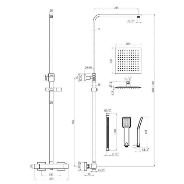 Sognare Neptune Square Black Thermostatic Shower and Riser Kit - Image 3