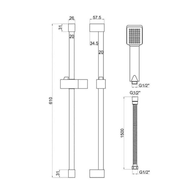 Mono Matt Black Square Slide Rail Shower Kit & Shower Head - Image 2