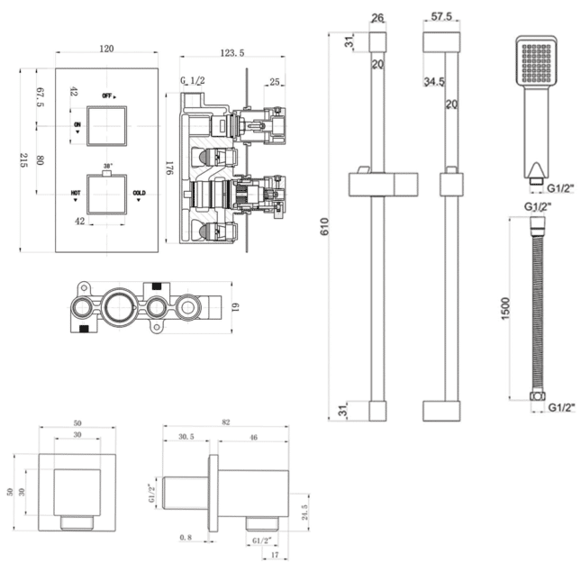 Mono Black Square Concealed Valve & Slide Rail Kit-Wall Outlet - Image 3
