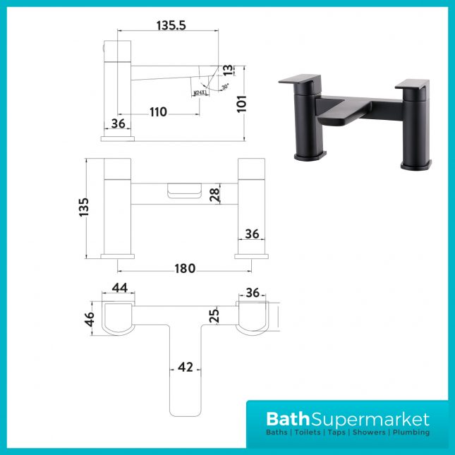Sognare Muro Matt Black Deck Mounted Twin Handle Bath Filler Tap