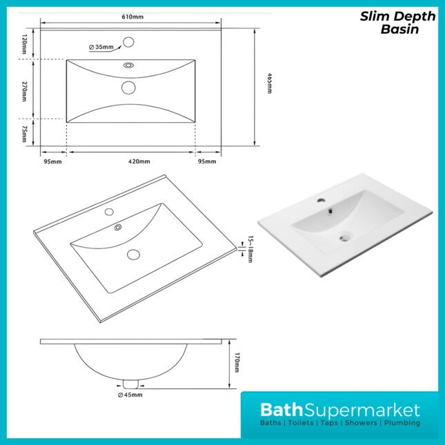 Purity White Gloss Floor Standing 2 Door Unit & Slim Depth Ceramic Basin 600mm Wide
