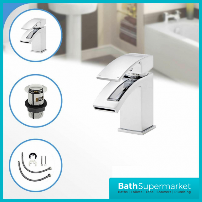 Sognare Descent Chrome Square Mini Mono Basin Mixer Tap With Push Waste