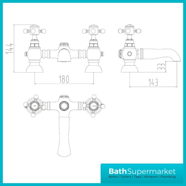 Russeldene & Marie Traditional Chrome Cross Head Handle Bath Filler Tap