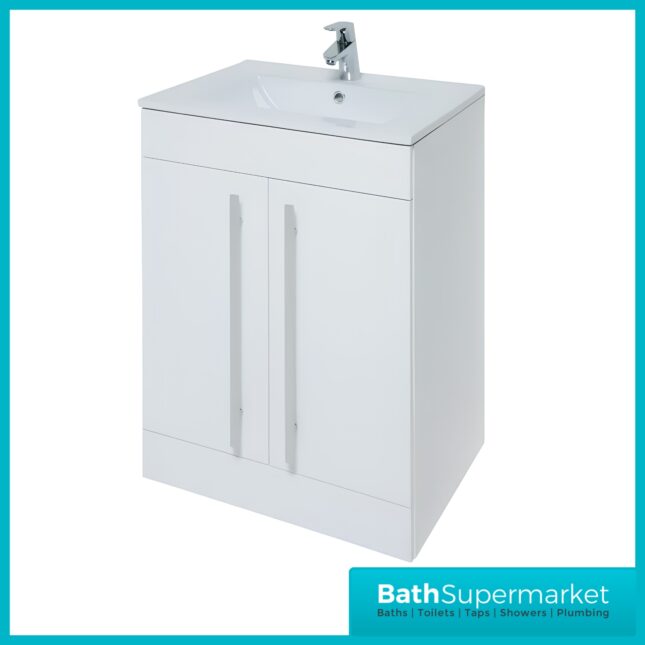Purity White Gloss Floor Standing 2 Door Unit & Slim Depth Ceramic Basin 600mm Wide