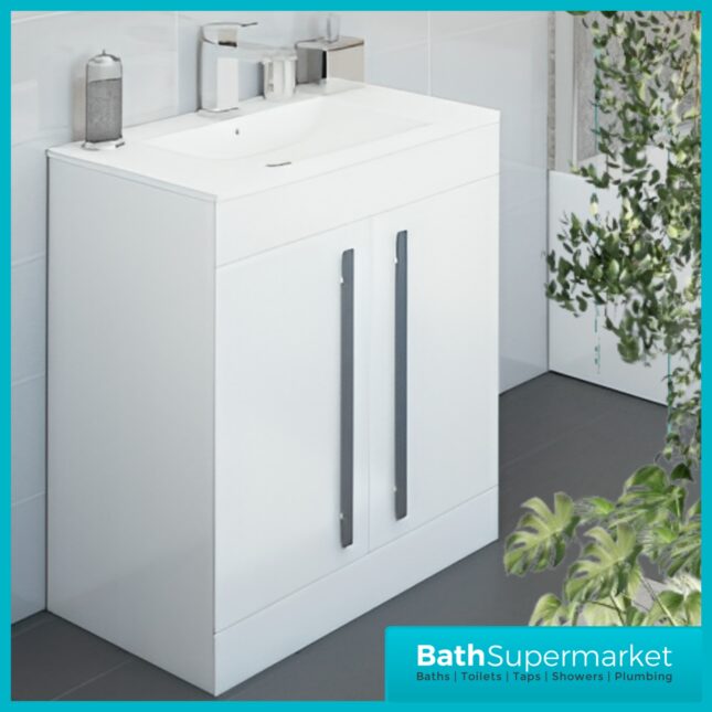 Purity White Gloss Floor Standing 2 Door Unit & Slim Depth Ceramic Basin 600mm Wide