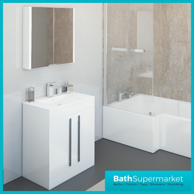 Purity White Gloss Floor Standing 2 Door Unit & Slim Depth Ceramic Basin 600mm Wide