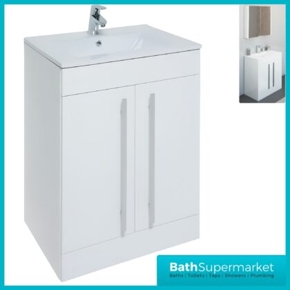 Purity White Gloss Floor Standing 2 Door Unit & Slim Depth Ceramic Basin 600mm Wide