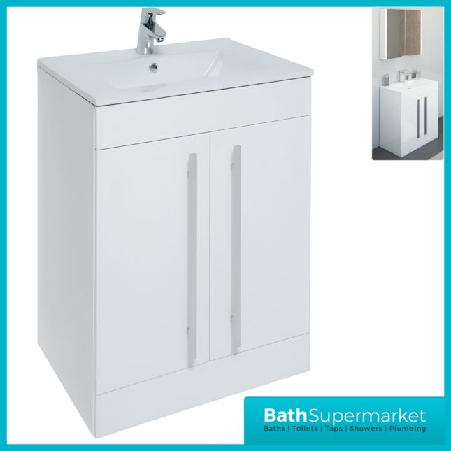 Purity White Gloss Floor Standing 2 Door Unit & Slim Depth Ceramic Basin 600mm Wide