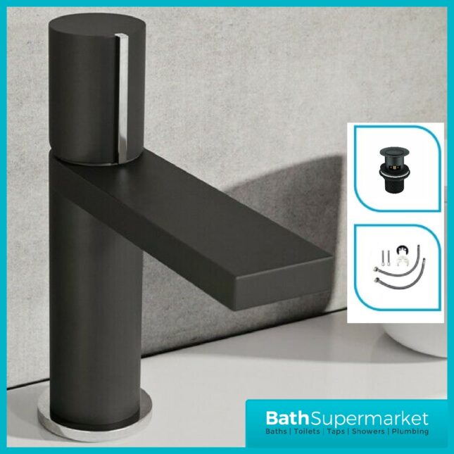 Divock Matt Black-Chrome Trim Square Basin Mono Tap-Clicker Waste