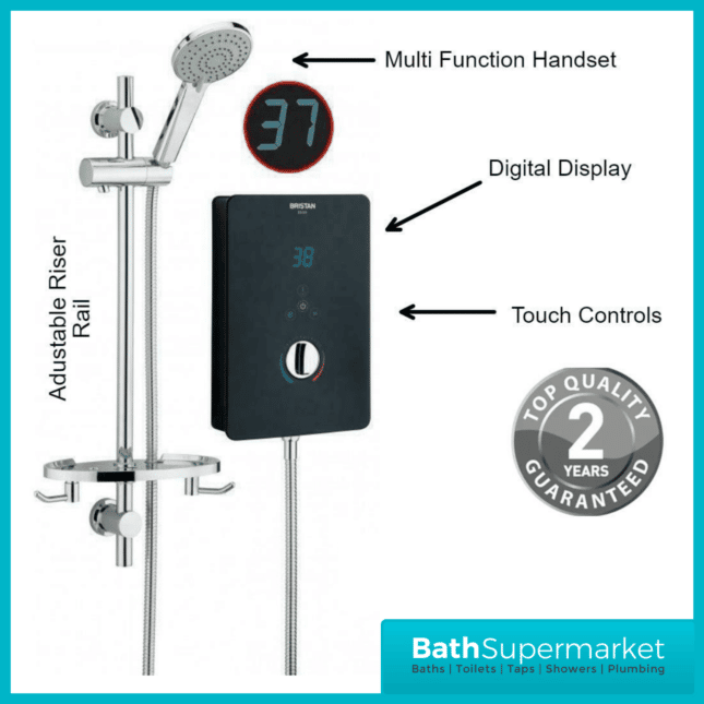Bristan Bliss Black Gloss Touch Control Digital Display Electric Shower & Riser Kit 8.5Kw-9.5Kw-10.5kw Power - Image 8