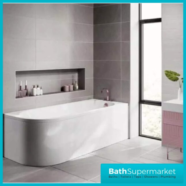 J-Shaped 1695x745mm Single Ended Bath + Curved Panel-LH-RH