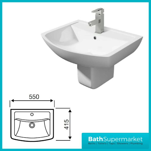 Pure Basin With Semi Pedestal 550mm - 1 Tap Hole - Image 2