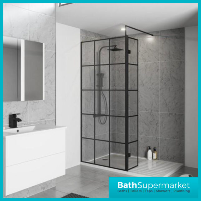 Kritt Wet Room Screen with Support Bar 700mm-1200mm Wide - 8mm Glass