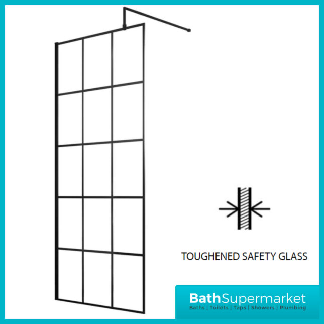 Kritt Wet Room Screen with Support Bar 700mm-1200mm Wide - 8mm Glass