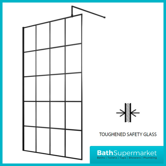 Kritt Wet Room Screen with Support Bar 700mm-1200mm Wide - 8mm Glass