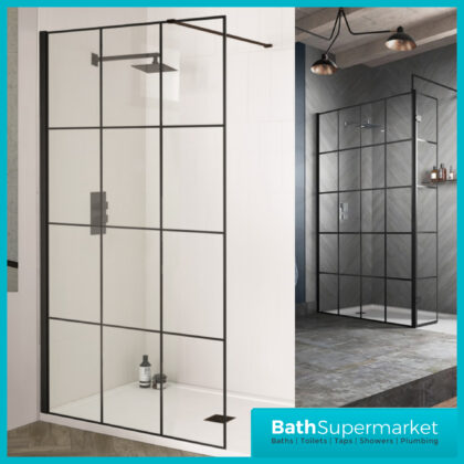 Kritt Wet Room Screen with Support Bar 700mm-1200mm Wide - 8mm Glass