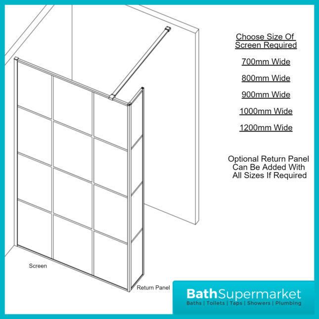 Kritt Wet Room Screen 8mm Glass With Support Bar 700mm - 1200mm Wide & Optional Return Panel