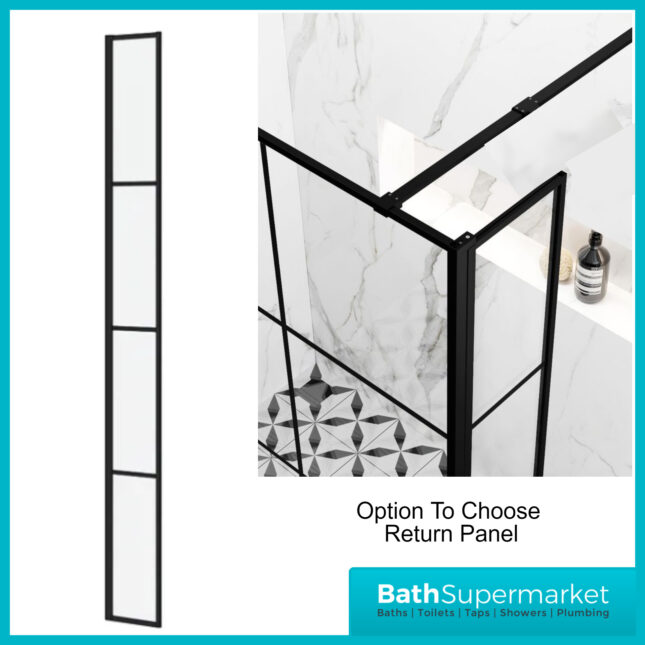 Kritt Wet Room Screen 8mm Glass With Support Bar 700mm - 1200mm Wide & Optional Return Panel