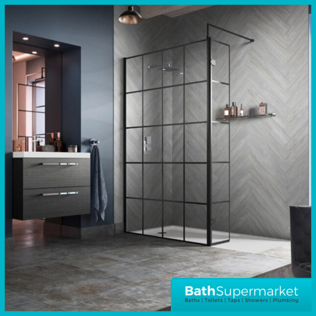 Kritt Wet Room Screen 8mm Glass With Support Bar 700mm - 1200mm Wide & Optional Return Panel