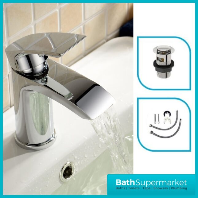 Belini Chrome Angled Spout Mono Basin Mixer Tap- Clicker Waste