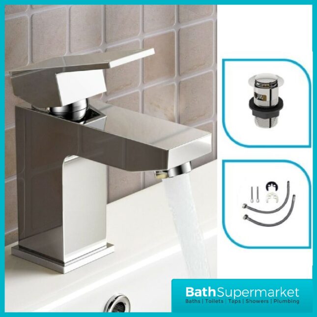 Lanza Square Chrome Mono Basin Mixer Tap & Clicker Waste