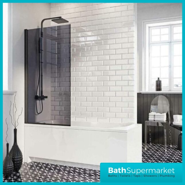 Matt Black Mono 6mm Smoked Black Glass Hinged Bath Screen