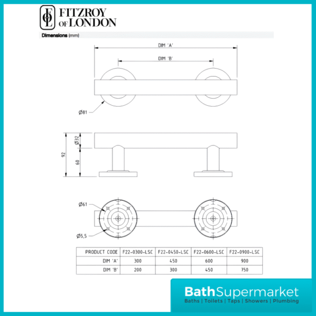 Fitzroy Of London Nymas Style Matt Black Luxury Straight Mobility Grab Rail Bar 300mm Wide