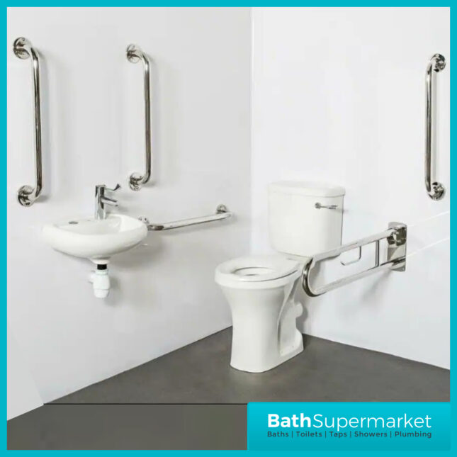 Nymas PRO White Close Coupled Lockable Lid Cistern Doc M Pack 5 Polished Grab Rails - Basin & Tap