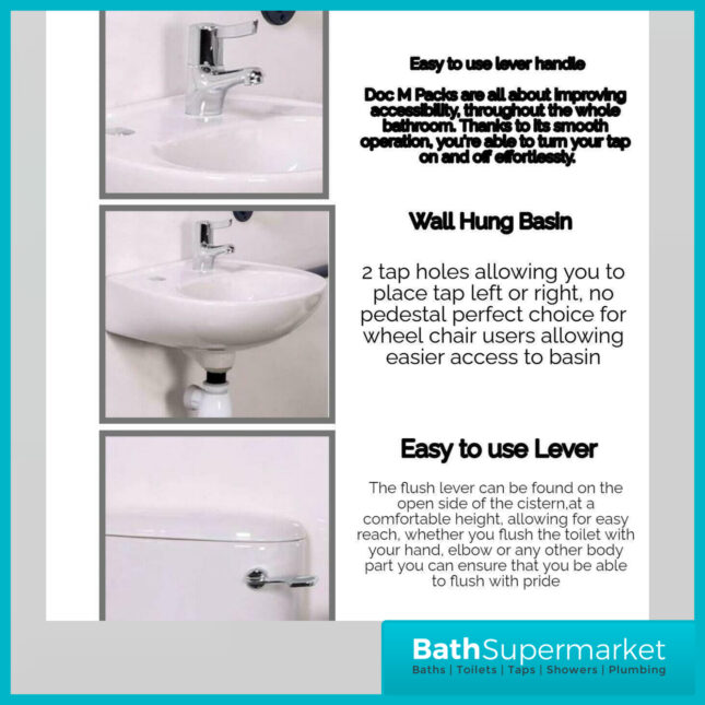 Nymas PRO White Close Coupled Lockable Lid Cistern Doc M Pack 5 Polished Grab Rails - Basin & Tap