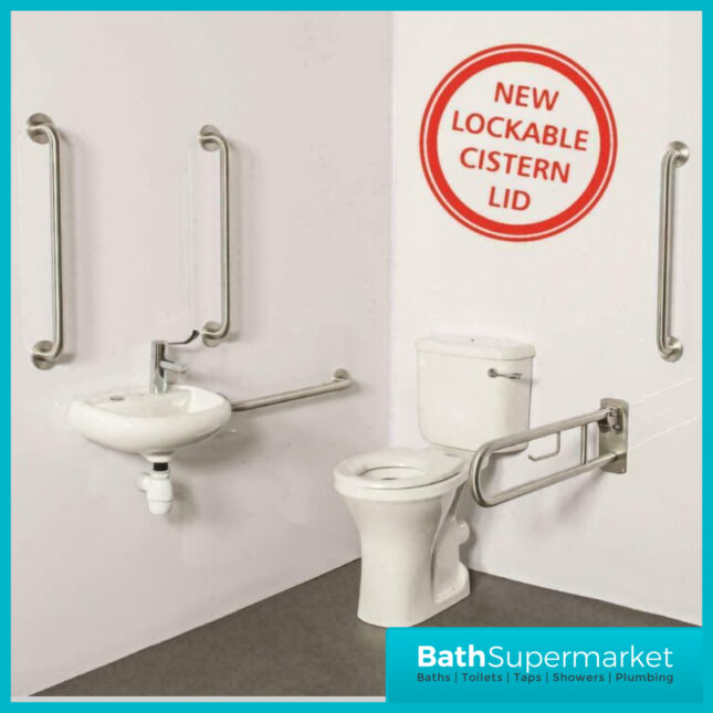 Nymas PRO White Close Coupled Lockable Lid Cistern Doc M Pack 5 Polished Grab Rails - Basin & Tap