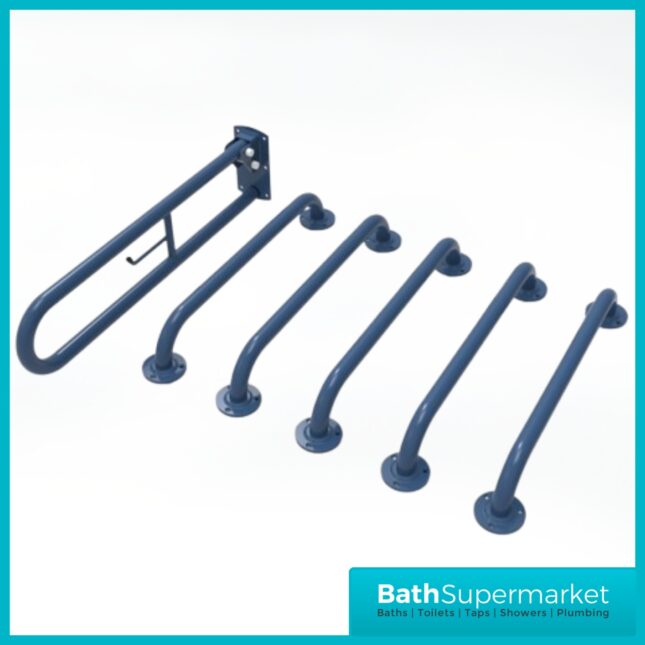 Fitzroy Of London Nymas Blue 6 Piece Stainless Steel Doc M Grab Rail Exposed Fixing Toilet Pack