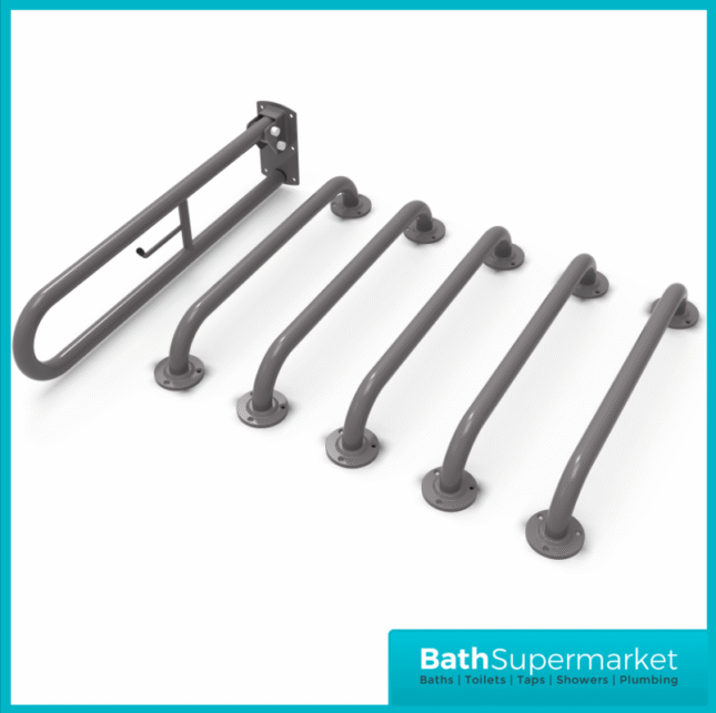 Fitzroy Of London Nymas Grey 6 Piece Stainless Steel Doc M Grab Rail Exposed Fixing Toilet Pack