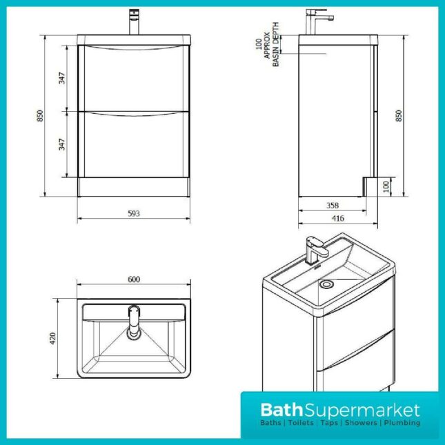 Cassellie Bali Grey Floor Standing Vanity Drawer Basin Unit 600mm - Image 3