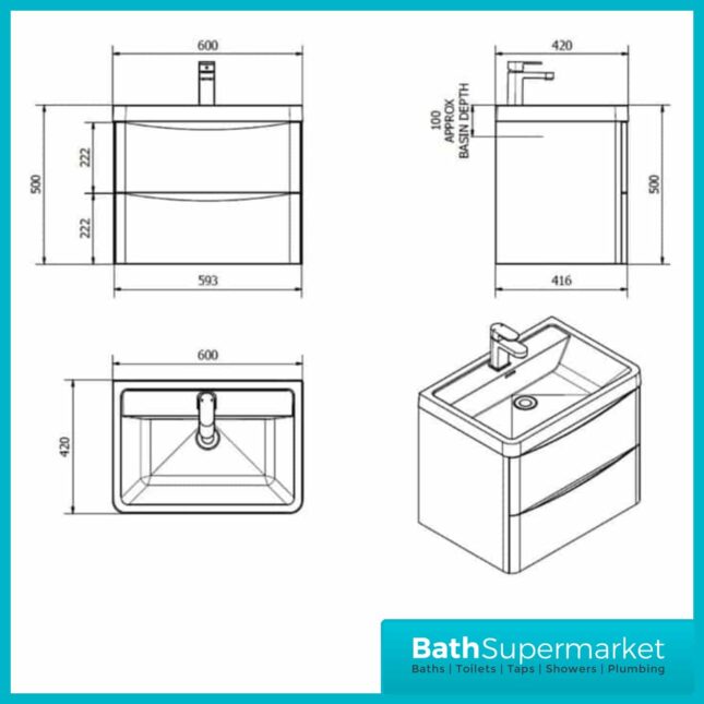 Cassellie Bali 600MM Grey Wall Hung Unit