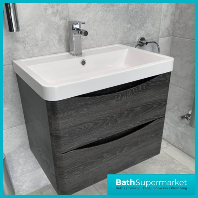 Cassellie Bali Graphite Oak Wall Mounted Vanity Drawer Unit & Basin 600mm - Image 2