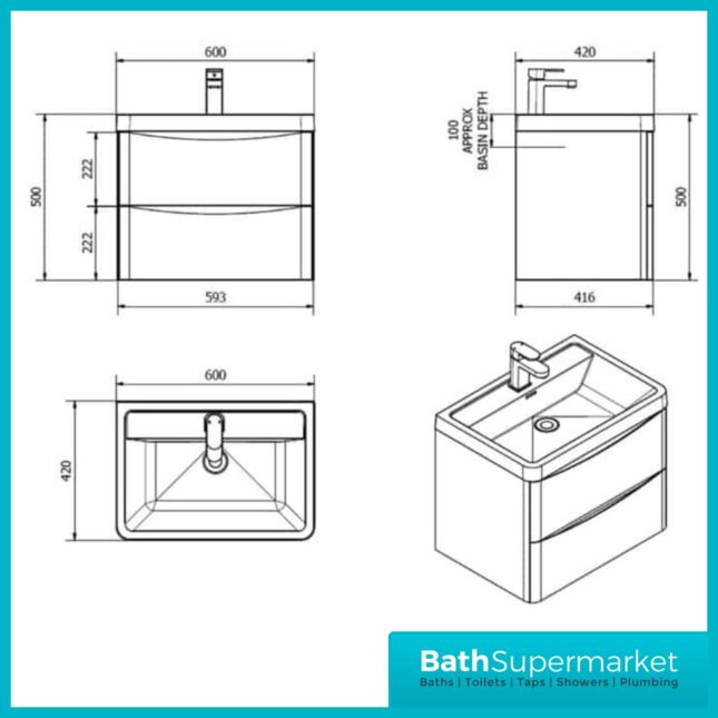 Cassellie Bali Graphite Oak Wall Mounted Vanity Drawer Unit & Basin 600mm - Image 6