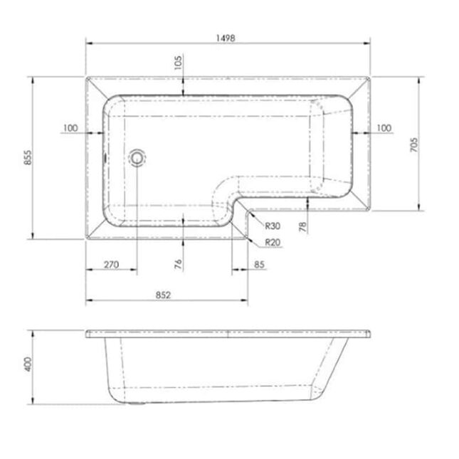 Titan L-Shape 1500mm x 850mm x 700mm Shower Bath Left-Right Hand - Image 3