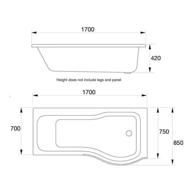 Titan 1700mm P Shape Shower Bath-Left-Right Hand- Single Screen - Image 3
