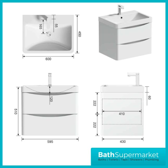 Sognare Cella White Gloss Wall Hung Vanity Unit & Basin 600mm