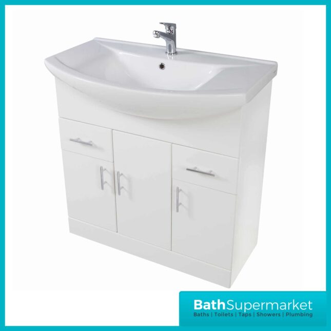 Manza Gloss White Vanity Unit And Ceramic Basin 850mm