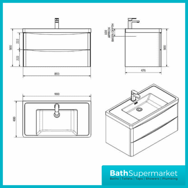 Cassellie Bali 900MM Graphite Oak Wall Mounted Unit | GOWMC894A