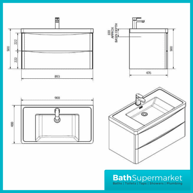Cassellie Bali 900MM Grey Wall Hung Unit | GRYWMC894A