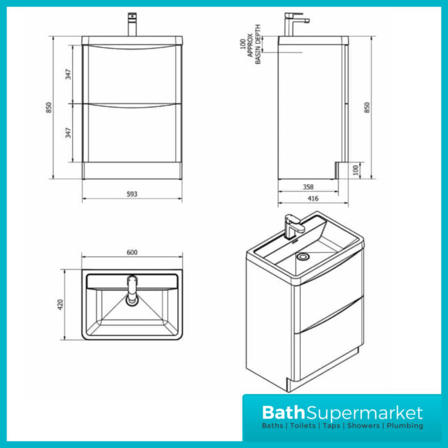 Cassellie Bali Gloss White Floor Standing Drawer Unit & Basin 600mm Wide