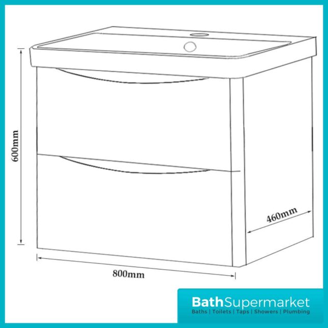 Arc White Gloss Wall Mounted Drawer Vanity Unit & Ceramic Basin 800mm Width