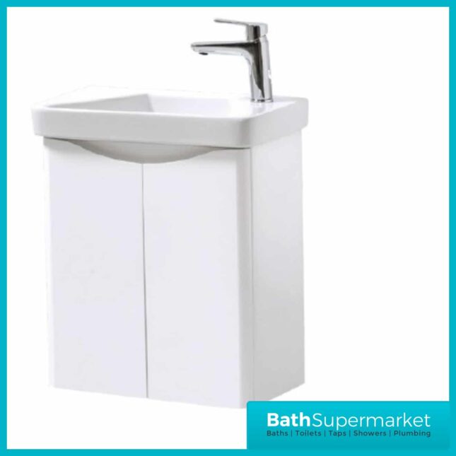 The Cayo White 500mm Wall Hung Vanity Unit & Basin will effortlessly blend with any style of bathroom thanks to its stylish yet practical  and contemporary design. Featuring a spacious cupboard, the Cayo White 500mm Wall Hung Vanity Unit & Basin will keep your bathroom neat and tidy in style with its white gloss finish.