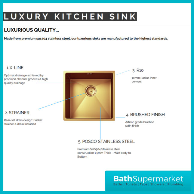 Ellsi Elite Brushed Brass 1.0 Bowl Undermount-Inset Kitchen Sink Incl. Basket Strainer Waste